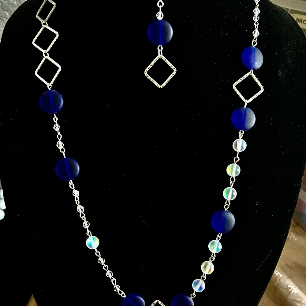 Blue and Silver Geometric Necklace with Crystal Accents